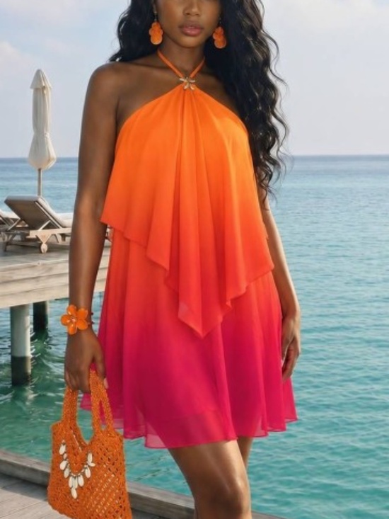 Dresses & Skirts - OMBRÉ SLEEVELESS HALTER TOP LAYERED CHIFFON BACKLESS MINI DRESS NWOT